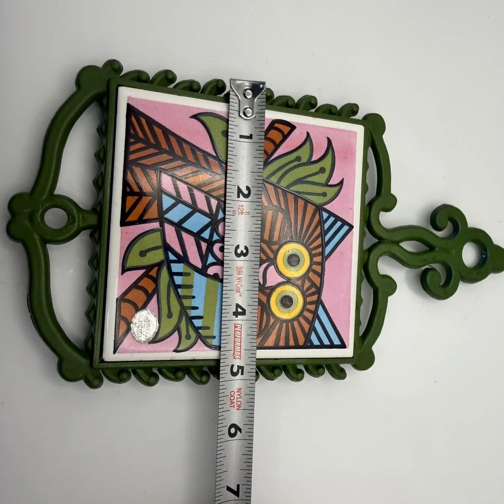 Vintage Enesco Hand Painted Owl Ceramic Tile Trivet Wall Hanging Japan Green MCM